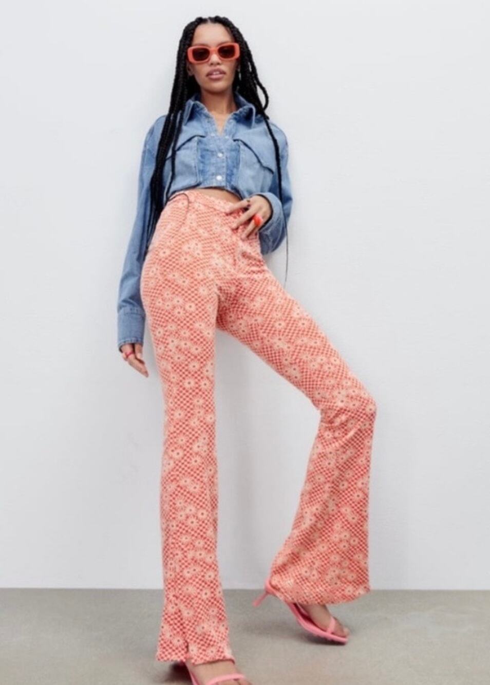 Zara Women’s Orange Daisy Print Flare Pant Sz S Split Hem Retro 70s Boho
